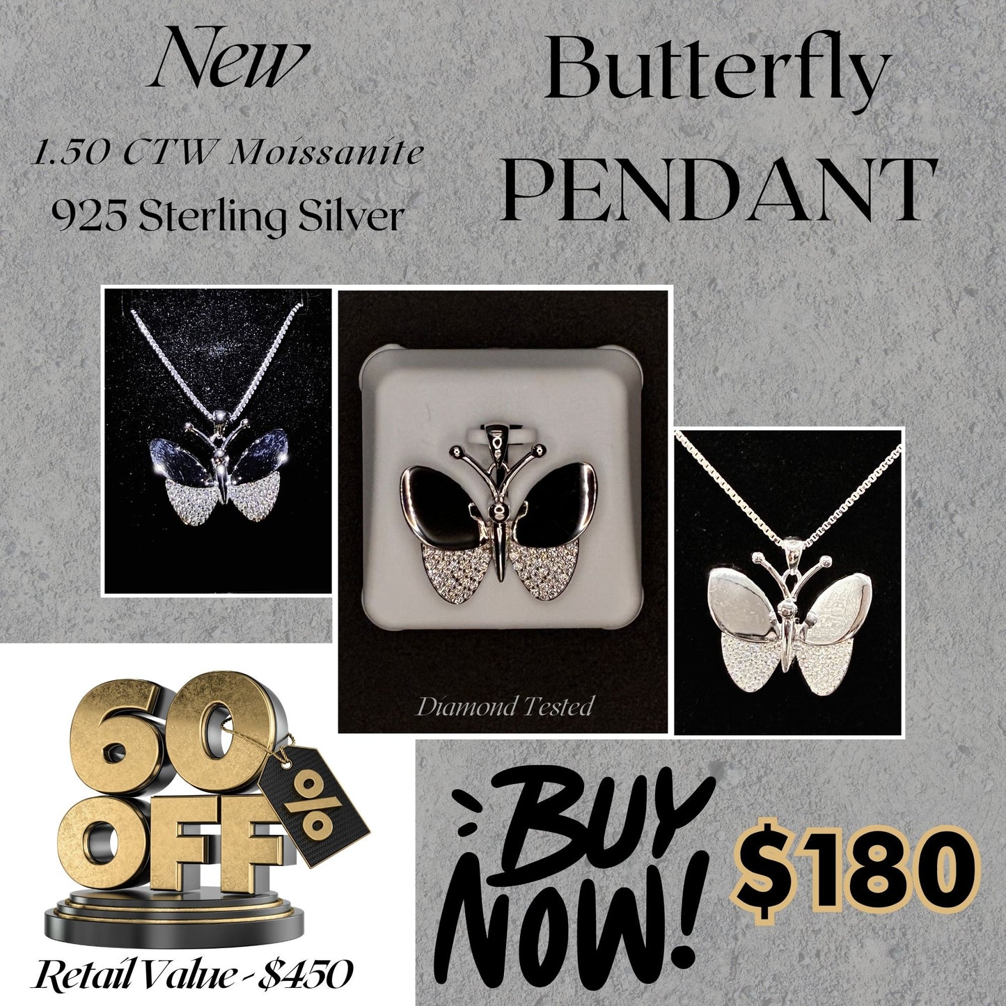 1.50 CTW Moissanite Butterfly Pendant – 925 Sterling Silver | Luxury Jewelry for Women