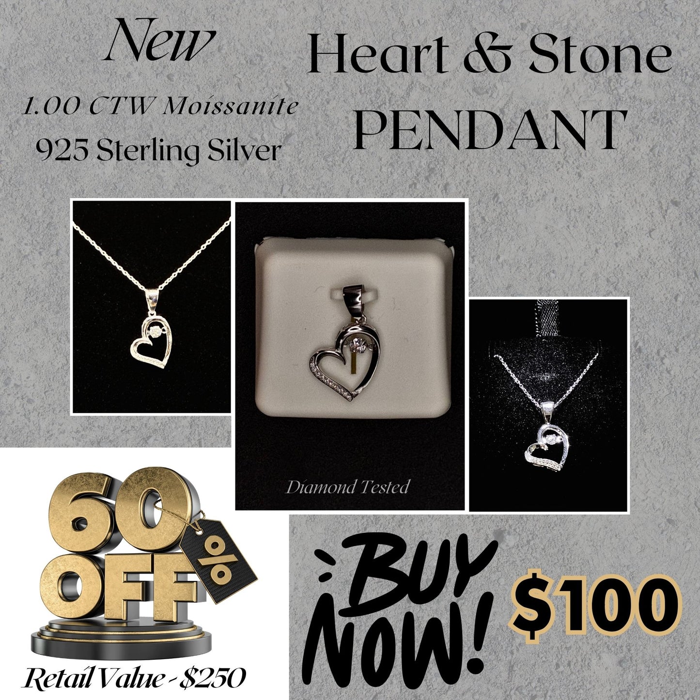 1.00 CTW Moissanite Heart & Dancing Stone Pendant – 925 Sterling Silver | Elegant Gift for Her