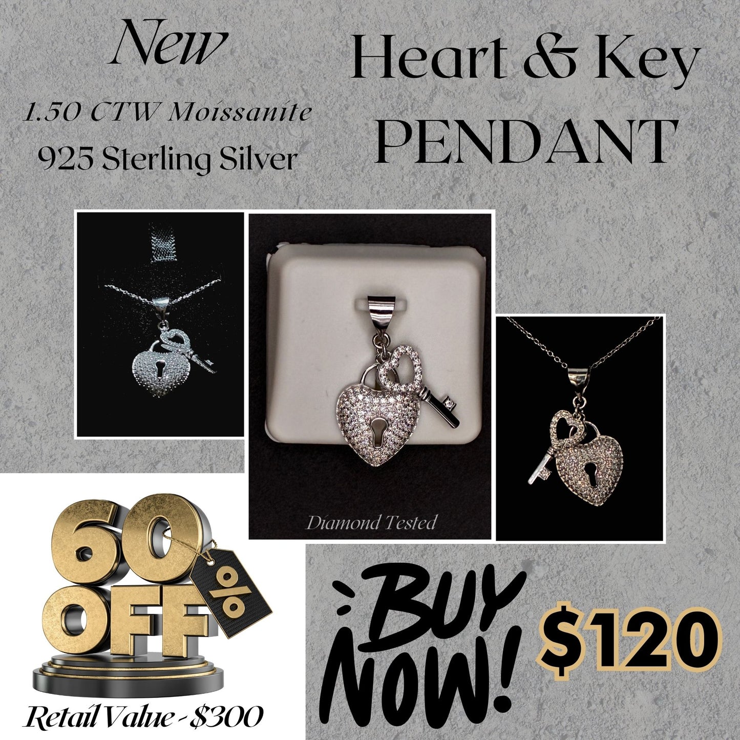 1.50 CTW Moissanite Heart & Key Pendant – 925 Sterling Silver | Romantic Gift for Her
