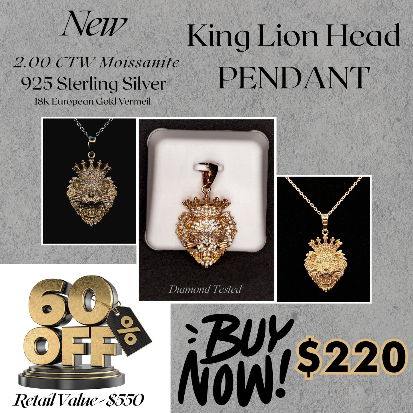 2.00 CTW Moissanite Lion Head Pendant – 925 Sterling Silver with 18K Gold Vermeil | Bold Men’s Statement Necklace