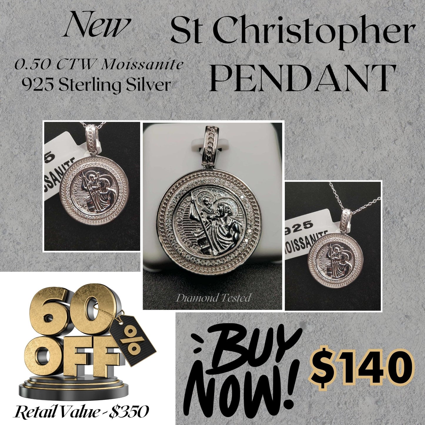0.50 CTW Moissanite St. Christopher Pendant – 925 Sterling Silver Travelers Protection