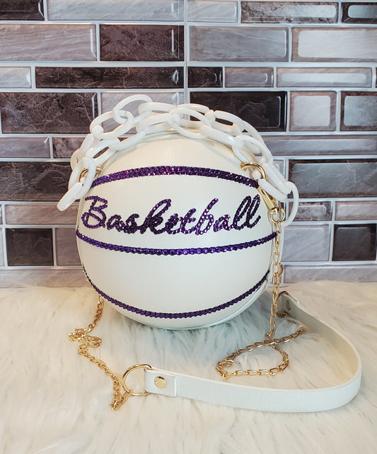 Basketball Rhinestone Purse White/ Purple