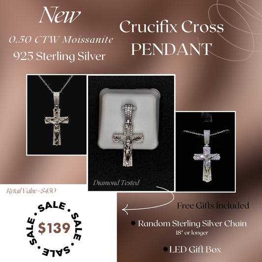 0.50 CTW Moissanite Crucifix Pendant – 925 Sterling Silver Jesus Cross Necklace | Religious Gift Jewelry