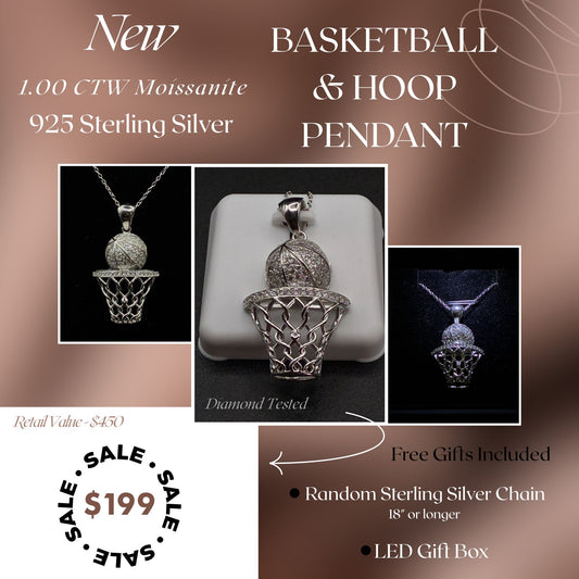 1.00 CTW Moissanite Basketball & Hoop Pendant – 925 Sterling Silver Sports Jewelry Gift for Him