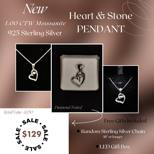 1.00 CTW Moissanite Heart & Dancing Stone Pendant – 925 Sterling Silver | Elegant Gift for Her