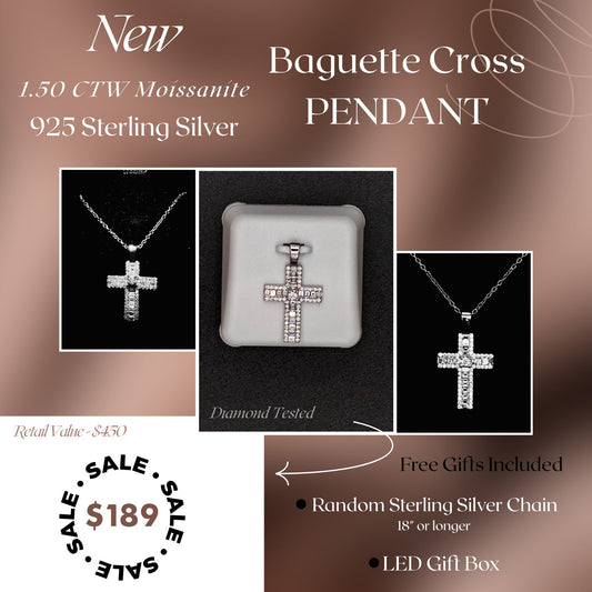 1.50 CTW Moissanite Baguette Cross Pendant – 925 Sterling Silver | Bold Faith & Shine