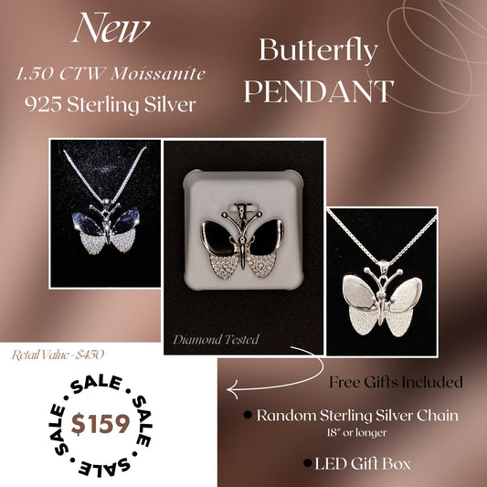 1.50 CTW Moissanite Butterfly Pendant – 925 Sterling Silver | Luxury Jewelry for Women