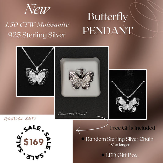 1.50 CTW Moissanite Butterfly Pendant – 925 Sterling Silver | Sparkling Symbol of Transformation & Grace