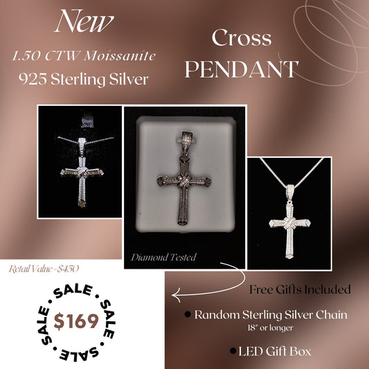 1.50 CTW Moissanite Cross Pendant – 925 Sterling Silver | Radiant Faith-Inspired Jewelry