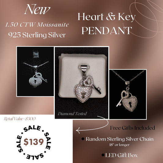 1.50 CTW Moissanite Heart & Key Pendant – 925 Sterling Silver | Romantic Gift for Her