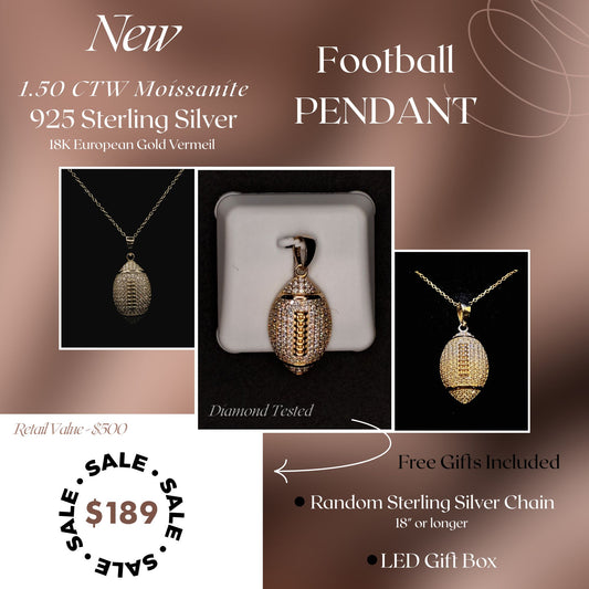 1.50 CTW Moissanite Football Pendant – 925 Sterling Silver with 18K Gold Vermeil | Sports Jewelry for Men