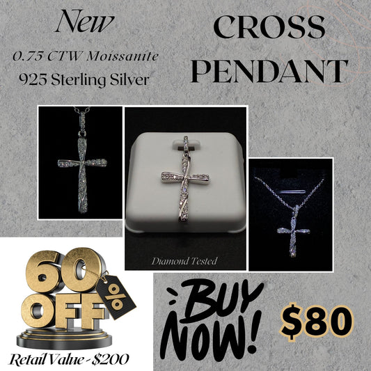 0.75 CTW Moissanite Cross Pendant in 925 Sterling Silver + Free Chain & LED Gift Box