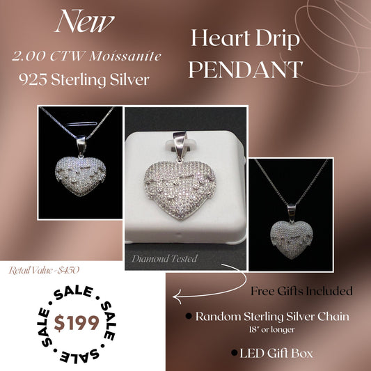 2.00 CTW Moissanite Heart Drip Pendant – 925 Sterling Silver | Luxury Love Statement Gift