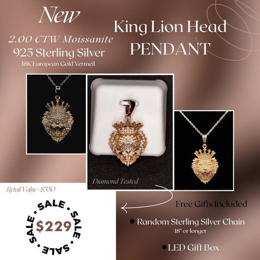 2.00 CTW Moissanite Lion Head Pendant – 925 Sterling Silver with 18K Gold Vermeil | Bold Men’s Statement Necklace