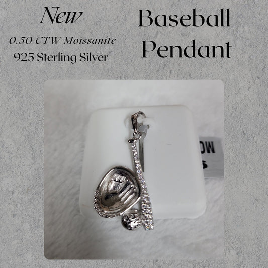 0.50 CTW Moissanite Baseball Bat Mitten & Ball Pendant 925 Sterling Silver
