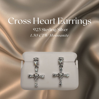 1.50 CTW Iced-Out Moissanite Cross Heart Earrings in 925 Sterling Silver