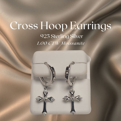 1.00 CTW Iced-Out Moissanite Cross Hoop Earrings #1 in 925 Sterling Silver