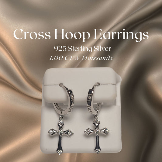 1.00 CTW Iced-Out Moissanite Cross Hoop Earrings #1 in 925 Sterling Silver