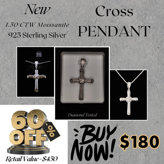 1.50 CTW Moissanite Cross Pendant – 925 Sterling Silver | Radiant Faith-Inspired Jewelry