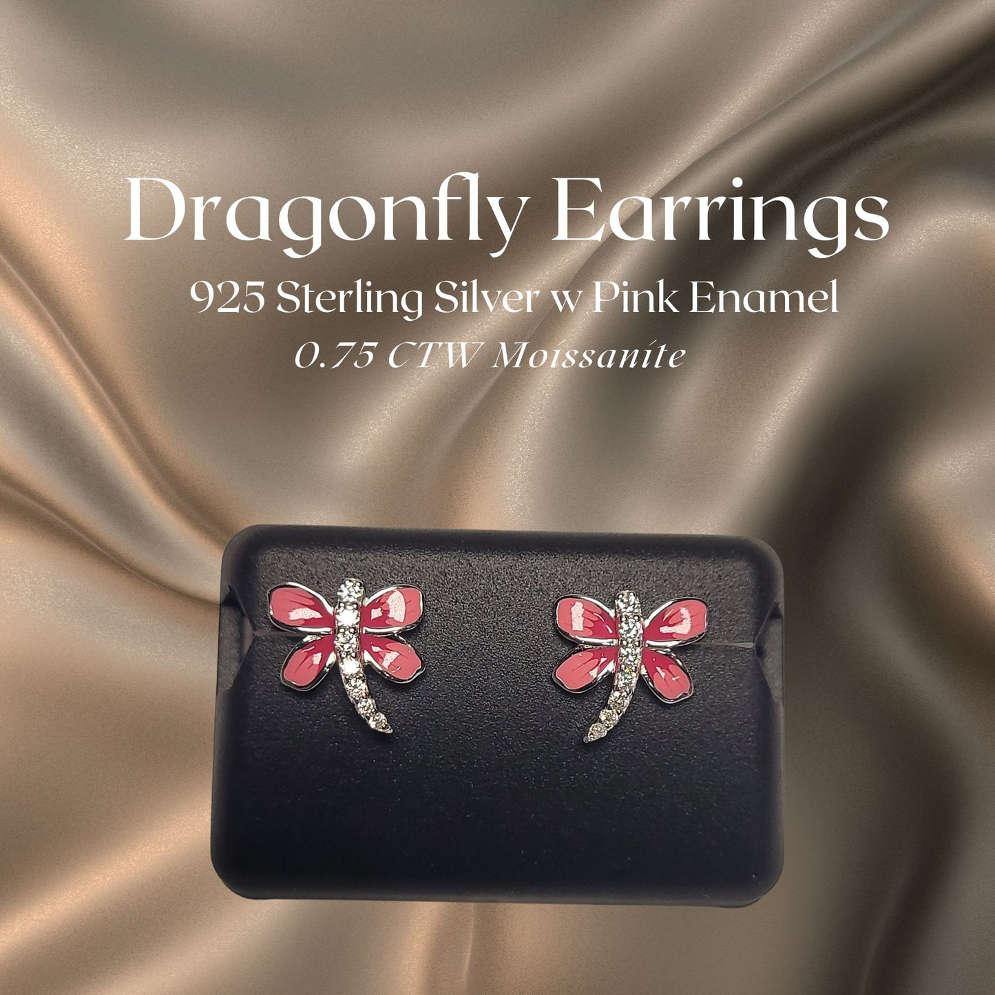 0.75 CTW Iced-Out Moissanite Dragonfly Earrings in 925 Sterling Silver with Pink Enamel