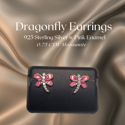 0.75 CTW Iced-Out Moissanite Dragonfly Earrings in 925 Sterling Silver with Pink Enamel