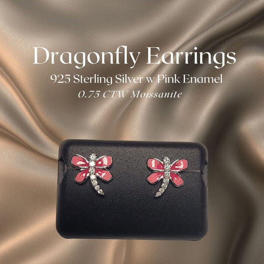 0.75 CTW Iced-Out Moissanite Dragonfly Earrings in 925 Sterling Silver with Pink Enamel