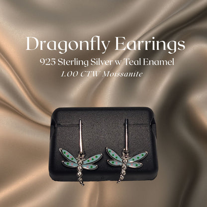 1.00 CTW Iced-Out Moissanite Dragonfly Earrings in 925 Sterling Silver with Teal Enamel