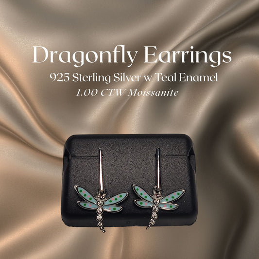 1.00 CTW Iced-Out Moissanite Dragonfly Earrings in 925 Sterling Silver with Teal Enamel
