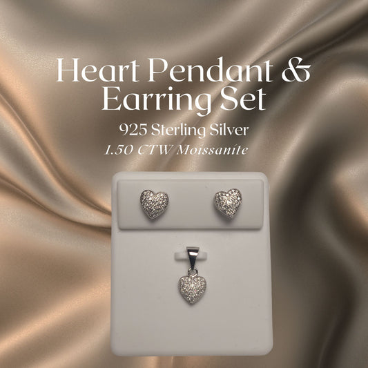 1.50 CTW Iced-Out Moissanite Heart Pendant & Earrings Set in 925 Sterling Silver