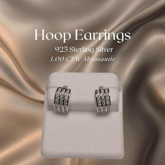 1.00 CTW Iced-Out Moissanite 3 Row Hoop Earrings in 925 Sterling Silver