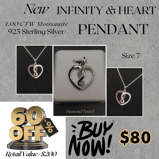 1.00 CTW Moissanite Infinity & Heart Pendant – 925 Sterling Silver Love Statement Gift
