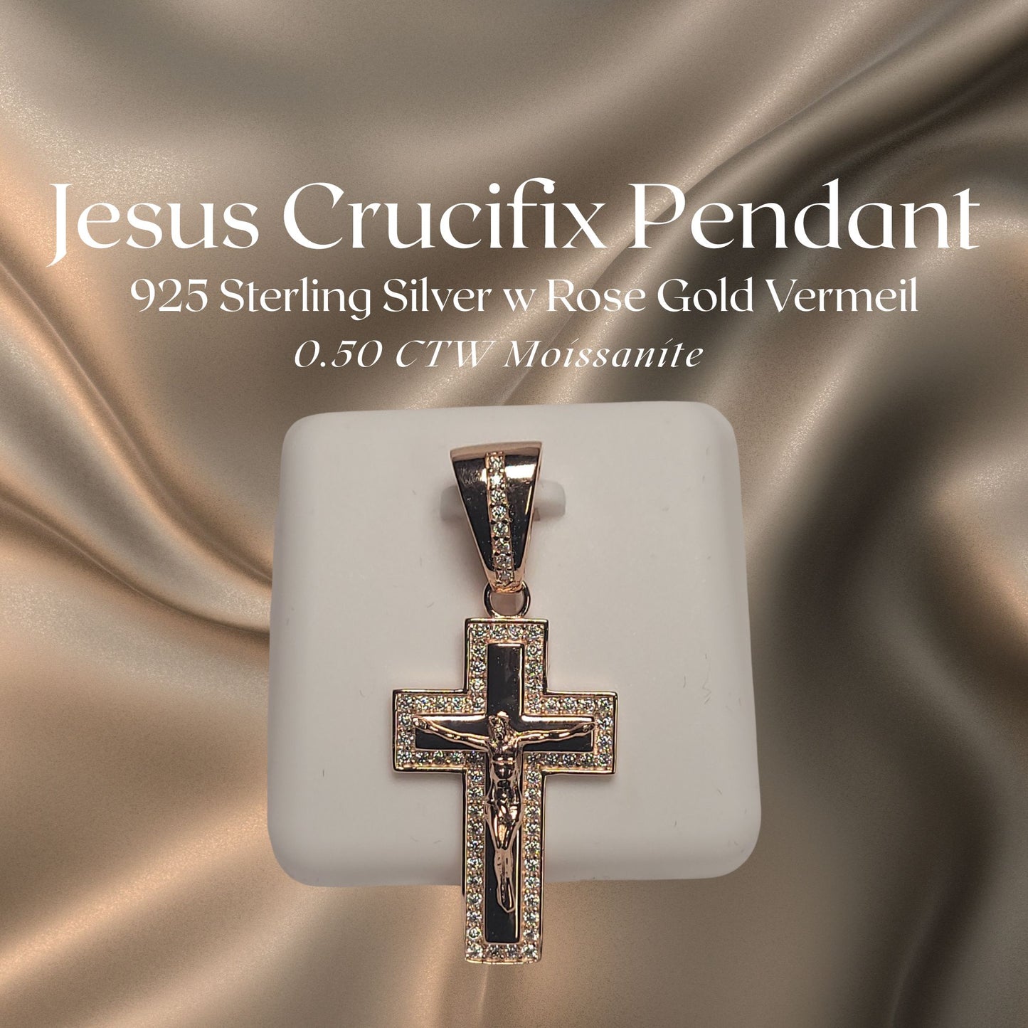 0.50 CTW Iced-Out Moissanite Jesus Crucifix Pendant in Rose Gold Vermeil