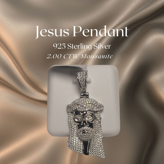 2.00 CTW Iced-Out Moissanite Jesus Head Pendant in 925 Sterling Silver