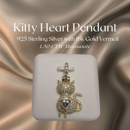 1.50 CTW Iced-Out Moissanite Kitty Heart Pendant in 18k Gold Vermeil