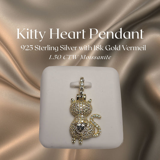 1.50 CTW Iced-Out Moissanite Kitty Heart Pendant in 18k Gold Vermeil
