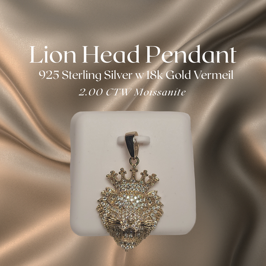 2.00 CTW Iced-Out Moissanite Lion Head Pendant in 18k Gold Vermeil