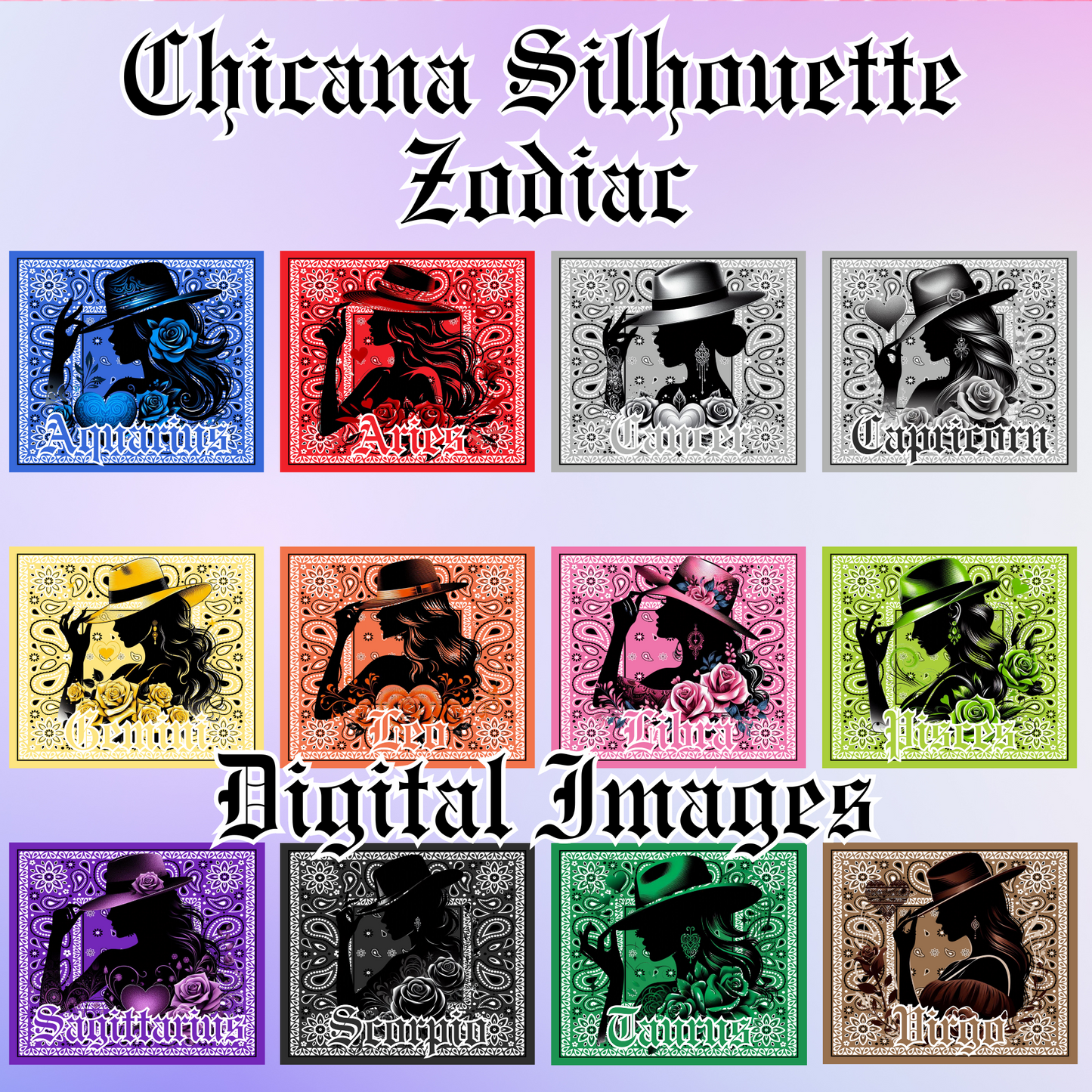 12 Chicana Silhouette Zodiac Queens digital images