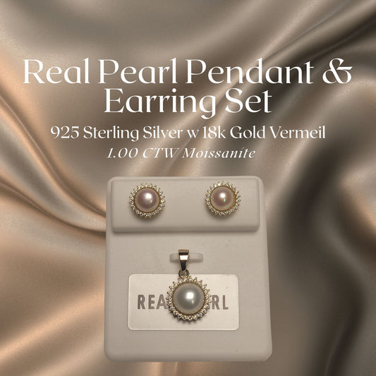 1.00 CTW Iced-Out Moissanite Real Pearl Pendant and Earrings Set in 18k Gold Vermeil