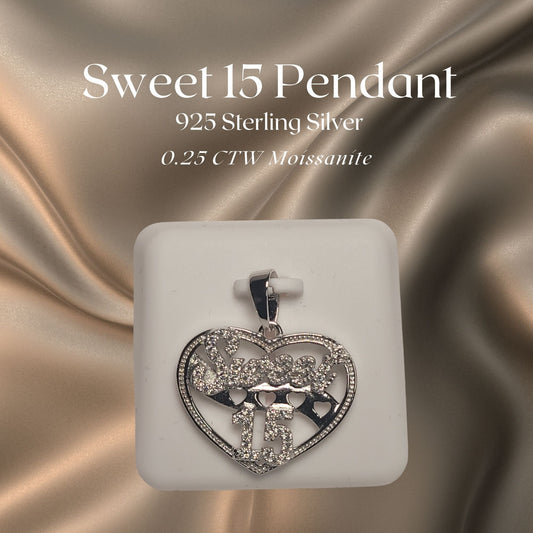 0.25 CTW Iced-Out Moissanite Sweet 15 Pendant in 925 Sterling Silver