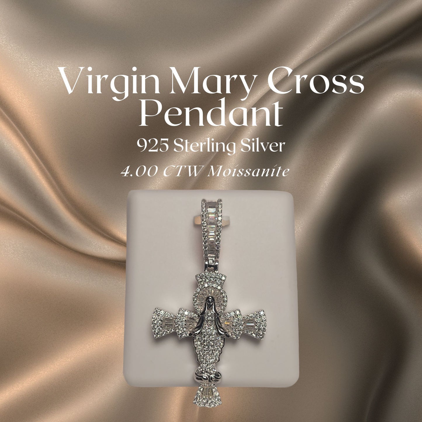 4.00 CTW Iced-Out Moissanite Virgin Mary Cross Pendant in 925 Sterling Silver