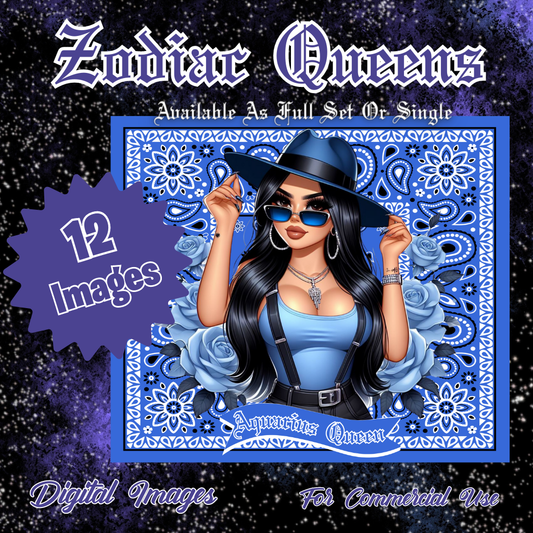 Set of 12 Zodiac Queen Chicana Style digital images
