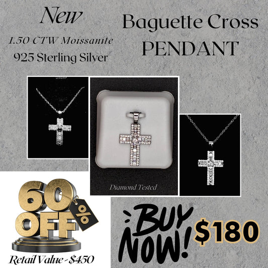 1.50 CTW Moissanite Baguette Cross Pendant – 925 Sterling Silver | Bold Faith & Shine