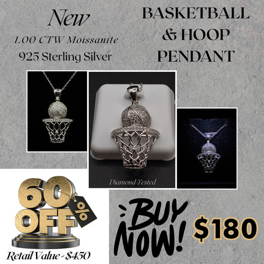 1.00 CTW Moissanite Basketball & Hoop Pendant – 925 Sterling Silver Sports Jewelry Gift for Him