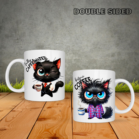 Black Cat Before And After Coffee - Coffee Mug