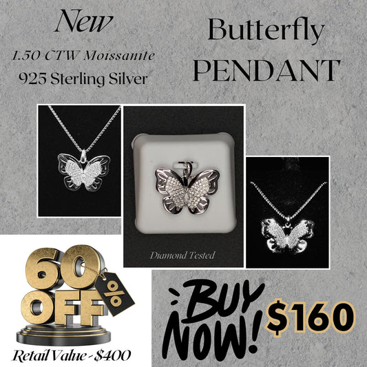 1.50 CTW Moissanite Butterfly Pendant – 925 Sterling Silver | Sparkling Symbol of Transformation & Grace