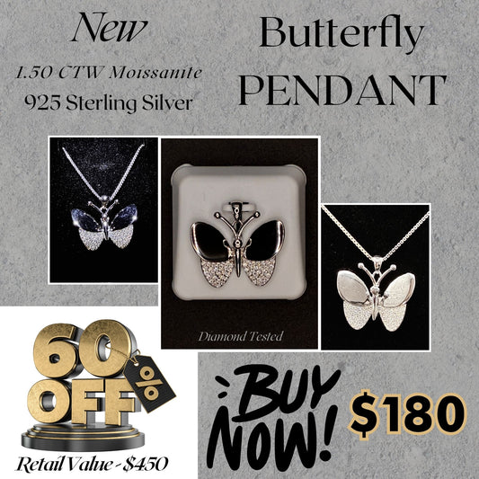 1.50 CTW Moissanite Butterfly Pendant – 925 Sterling Silver | Luxury Jewelry for Women