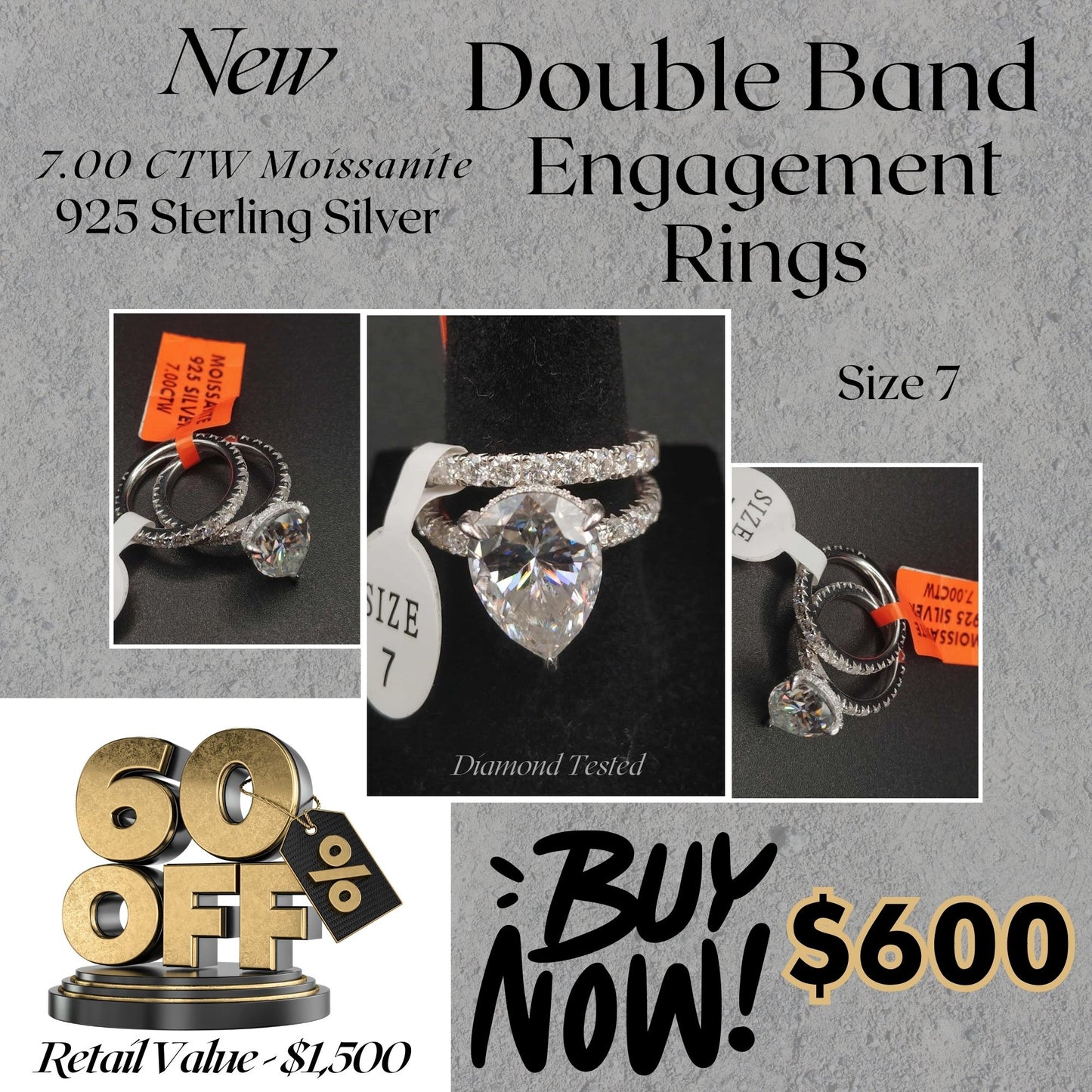 7.00 CTW Moissanite Double Band Engagement Ring – 925 Sterling Silver Luxury Bridal Jewelry
