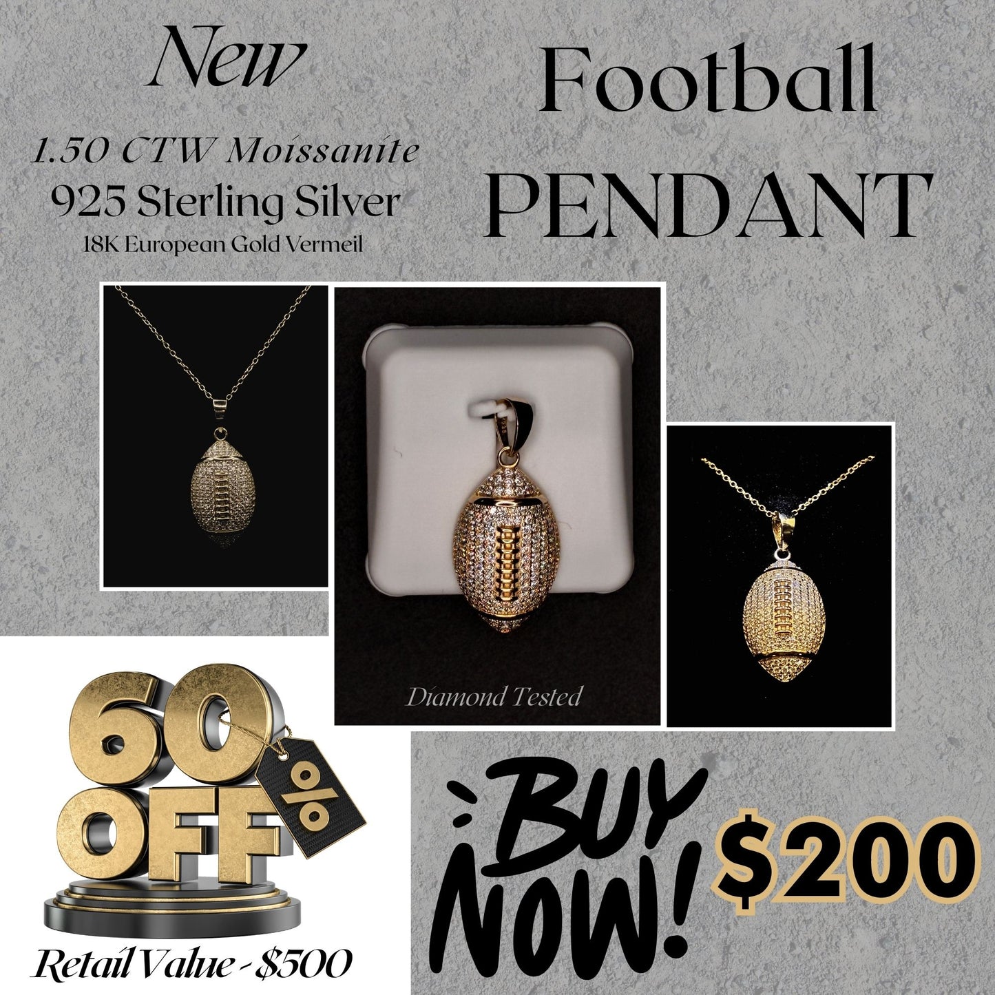1.50 CTW Moissanite Football Pendant – 925 Sterling Silver with 18K Gold Vermeil | Sports Jewelry for Men