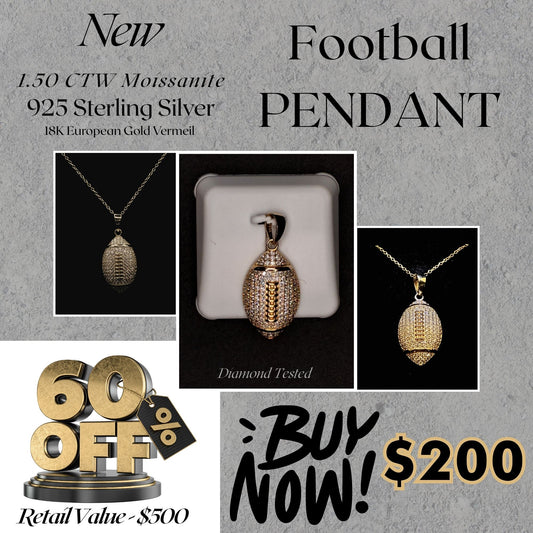 1.50 CTW Moissanite Football Pendant – 925 Sterling Silver with 18K Gold Vermeil | Sports Jewelry for Men