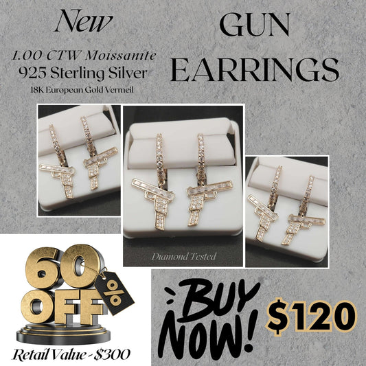 1.00 CTW Moissanite Gun Earrings – 925 Sterling Silver with 18K European Gold Vermeil